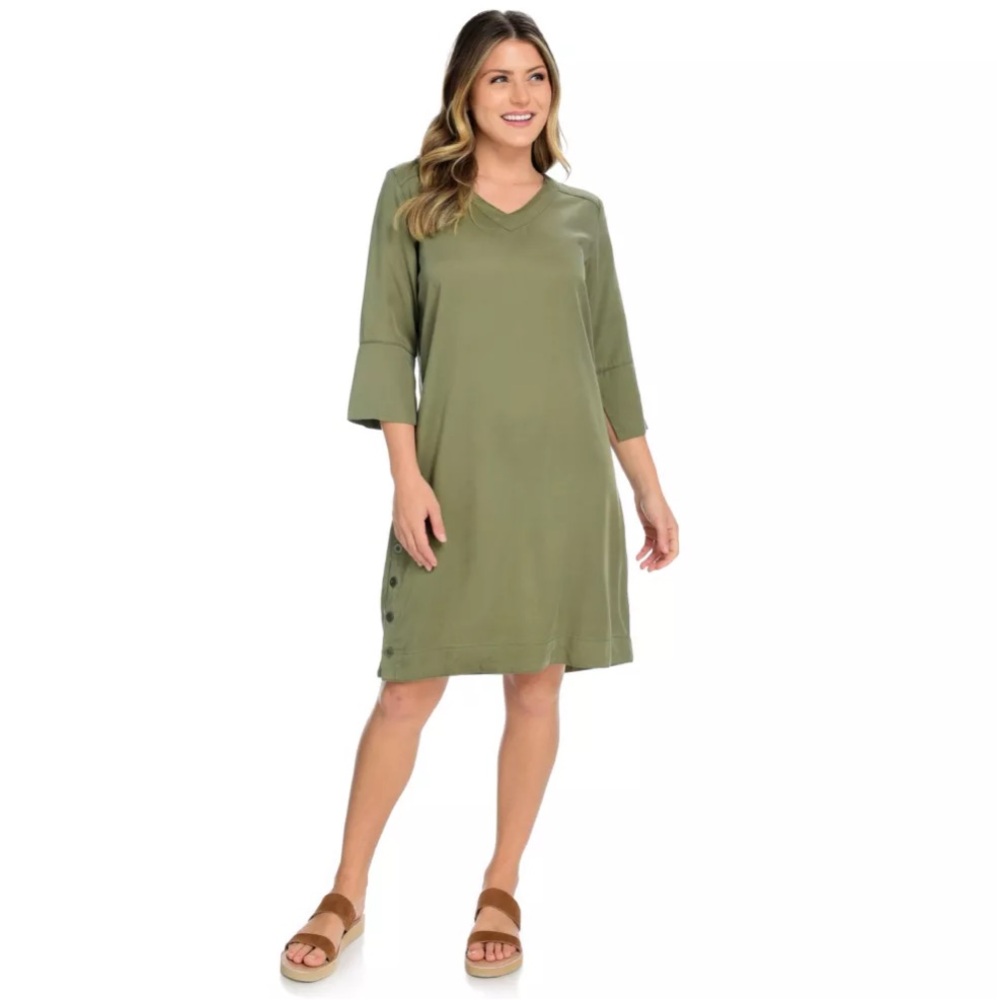 Women’s OSO Casuals Olive 3/4 Sleeve V-Neck Button Side‎ Knee-Length Dress